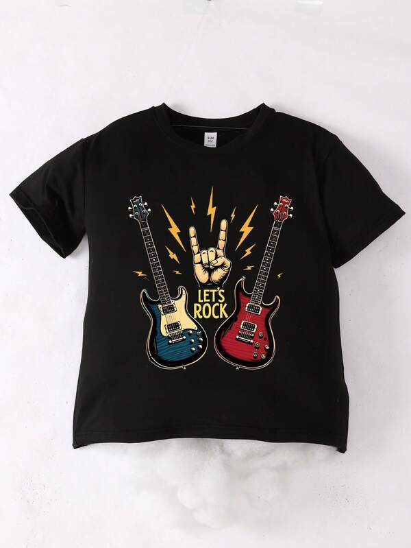 Teen Boy Loose Plus Size Leisure "Let's Rock" Guitar Print-Geometric Pattern Round Neck Pullover Short Sleeve T-Shirt, Suitable For Everyday T-Shirt Casual Style In Spring And Summer.