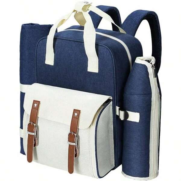 Picnic Basket Backpack Set, Insulated Outdoor Food Storage Baskets Cooler Bag Camping Cutlery Kit Travel Hiking Beach Picnics, 4 With Ground Blanket Cutleries Blue