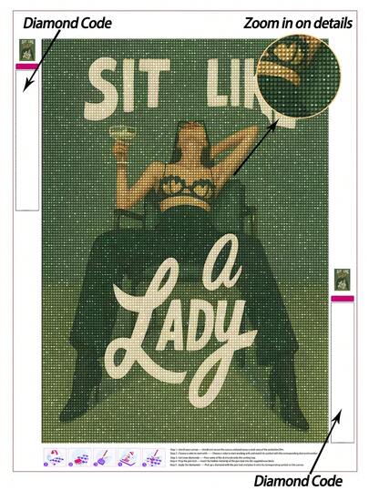 | 5D DIY-diamantmålning | 'SIT LIKE A LADY' Diamantmålningsset med vintage gröna karaktärer. Modernt lat figurmönster HD-konstdiamant, handgjord dekorativ målning, strass komplett mosaikpysselset, övningar för DIY-färdigheter och koncentration.