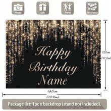 Banner có thể tùy chỉnh tên và chủ đề sinh nhật, nền đen vàng, thiết kế đính đá lấp lánh bạc, lý tưởng cho phông nền bàn bánh sinh nhật, đạo cụ chụp ảnh. - Vàng xám - Xem 6