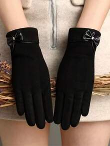 1 par de guantes cálidos con decoración de lazo, compatibles con pantalla táctil, versátiles, de poliéster, para otoño/invierno