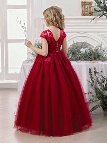 酒红色蝴蝶结刺绣薄纱优雅派对圣诞礼服,公主裙,适合女孩生日派对、宴会、晚宴、花童、伴娘、婚礼、感恩节、毕业典礼等场合。 - 酒紅色 - 查看 3