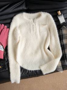 秋冬季女士休闲时尚性感柔软毛绒圆领半拉链长袖毛衣 - 杏色 - 查看 6