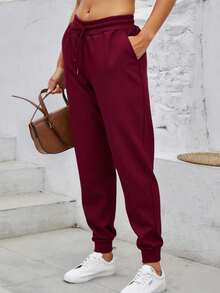 Pantalón deportivo joggers dama mujer jaretas puños cintura elástica cómodos frscos ligeros ajustables modernos juveniles diario casa día noche casuales diario athleisure pans pants lisos resorte - Burdeos - Ver 3