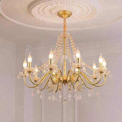 Candelabro moderno dorado con 6 focos y cristales, lámpara de techo elegante regulable para sala, comedor, recámara y cocina, luz interior decorativa