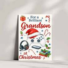 Personalized Gaming-Themed Christmas Card For Grandson Featuring Festive Video Game Controller With Santa Hat - 'For A Brilliant Grandson At Christmas' Holiday Greeting With Candy Canes, Holly Berries And Wrapped Gifts Design - Multicolor - View 10
