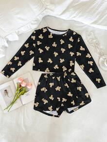 Nina Bonheur 2件套女士舒适镂空小熊印花长袖上衣和短裤睡衣套装 - 圆领上衣 + 侧开衩短裤睡衣，秋冬服装 - 黑色 - 查看 7