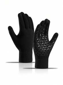 1 Pair Men's Winter Warm Touchscreen Gloves, Thermal Lined, Thick, Cold-Proof, Anti-Slip, Knitted For Cycling Snow Gloves - Black - View 5