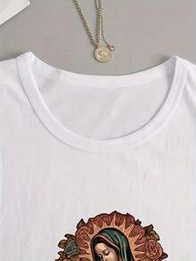 Fall/Winter Collection Women's Casual Long Sleeve Polyester Knit Fabric T-Shirt With Applique Drawing Of Virgin Mary, Crew Neck, Regular LengthWomen's Round Neck Printed T-Shirt - trắng - Xem 3