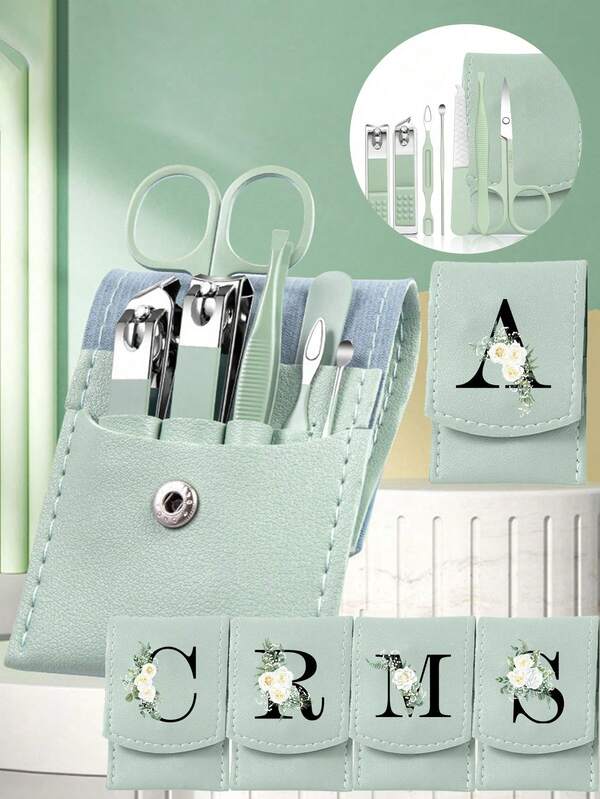 7pcs/Set Nail Clipper Set With White Floral & Initial Design,Green Portable Storage Bag,Portable Organizer Case Included Large Capacity Nail Care Box Storage Box, With Stainless Steel Tools, Ultra Sharp And Splash Free Nail Clipper Set, Classic Design Cutting Box, Used For Mobile Beauty Essentials, Travel, Outings, Residential School And Home Essentials