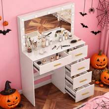 [Halloween Decorations]Vanity Desk Makeup Table Large Mirror W/ 3 Light Modes Compact Dressing Table-Touch Control Mirror, Ideal For Organizing Makeup, Skincare. Compact Vanity Furniture Fits Bedroom, Serves As Decor, Gift, Perfect Gift For Women - White - View 7
