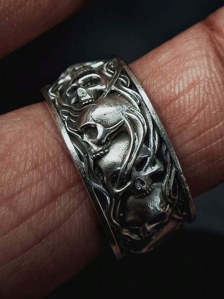 Skull & Smoke Round Ring - Gothic Biker Wedding Band For Men, Vintage Halloween Jewelry, Memorial Gift For Him - Bạc - Xem 1