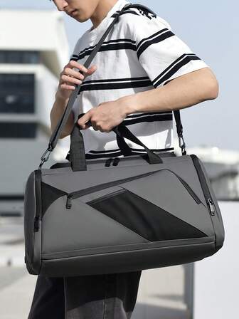 New Men's Fashion Travel Bag, Geometric Patchwork Design, Shoe Compartment, Large Capacity, Smooth Fabric, 3 Color Options, Suitable For Fitness, Short Trips, Student Commute, Holiday Travel