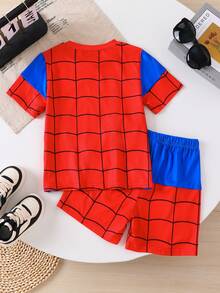 幼儿男童时尚派对休闲户外简约蜘蛛网拼色圆领短袖 T 恤和短裤套装，适合夏季 - 彩色 - 查看 3