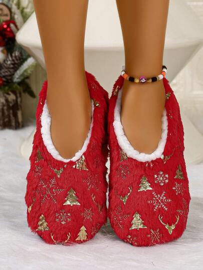 RALSWNAY Fall/Winter Women's Plush Foil Embellished House Slippers, Christmas Gift,Fur Slippers,New Year Outfits