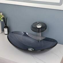Bathroom Vessel Sink Oval Glass Vessel Sink With Waterfall Faucet Tap Tempered Glass Bathroom Sinks Above Counter Basin - Grey - View 4