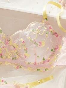 Cute Butterfly 3D Floral Embroidery Thin Cup Sexy Women Lingerie Set - Multicolor - View 3