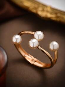 1pc Minimalist Chic Pearl Geometric Open Cuff Bracelet, Versatile For Daily Wear And Getaway, Suitable As Gift For Friends And Families - Yellow Gold - View 4