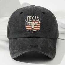 Vintage Texas Baseball Cap With Bold "TEXAS" Print, American Flag & Longhorn Design - Adjustable Unisex Lightweight Breathable Hat For Outdoor Activities, Casual Wear (Est.1845), Travel Accessory, Retro Style, Durable Construction, Sports Fans - 黑色 - 查看 2