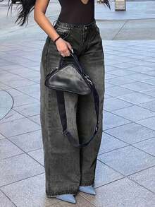 Women's Casual Loose Y2k Women's Clothing, Loose Mid Waist Straight Leg Jeans, Loose Women's Clothing, Autumn And Winter Women's Clothing, Comfortable Women's Autumn And Winter Clothing - 深灰色 - 查看 4