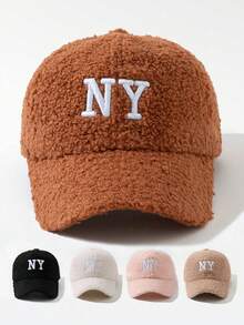 1pc Embroidered NY Teddy Fleece Adjustable Baseball Cap, Outdoor Sun Protection Casual Hat, Suitable For Spring/Autumn Travel & Beach, Y2K Style For Youth - Embroidery - View 1