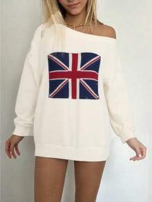 Women's Autumn And Winter Y2K Round Neck British Flag Pattern Drop Shoulder Long-Sleeved Autumn And Winter Sweater/Cute Top/Women's Winter Outfit/Comfortable, Suitable For Leisure, Daily Life, Dating, Home, Office, Party Gatherings, Festivals, Shopping, Halloween, Christmas, Thanksgiving, Holidays/Fall Outfits/Winter Outfit For Women/Touch Like Wool