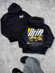 250g Polyester Fiber Men's Hooded Sweatshirt With Long Sleeved ,Y2K  Hyper Drift Racing Car Pattern Print, Fashionable And Loose Casual Fleece Sweatshirt Suitable For Autumn And Winter Wear On The Street - màu đen - Xem 2