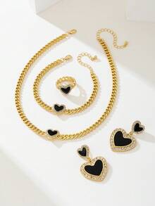 Bộ 3 chiếc/Bộ dây chuyền, vòng tay, nhẫn mặt đá pha lê hình trái tim bằng kim loại vàng thời trang & thanh lịch, phù hợp cho trang phục hàng ngày, tiệc tùng, ngày lễ và làm quà tặng cho phụ nữ - màu đen - Xem 3
