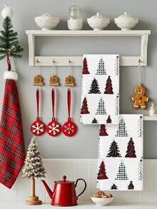 2 Pcs Black And White Kitchen Towels Dish Cloth Towels Absorbent Hand Towels Cleaning Cloths Simple Lines Christmas Tree Kitchen Towels Holiday Decoration Suitable For Dish Table - Red and White - View 4