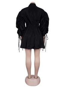SEBOWEL Bubble Mini Dress Women Long Sleeve Button Bandage Ruched Drawstring Tunic Puffy Elegant Christmas Cocktail Shirt Dresses Clothes Y2K - Black - View 5