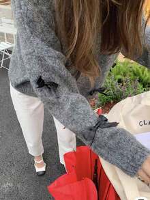 EAVA 复古设计懒人风手工蝴蝶结宽松针织毛衣女款毛衣，可爱优雅风格 - 灰色 - 查看 6