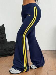 Navy Blue Side Stripe Flare Sweatpants Women V-Waist Y2K Bell Bottoms Casual Summer Track Pants - Màu xanh hải quân - Xem 7