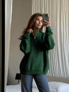Women's Simple Ribbed Solid Color Casual Korean Textured Commuter Loose Versatile Stand Collar Zipper Half-Placket Pullover Long Sleeve Sweater, Spring/Autumn/Winter - Green - View 5