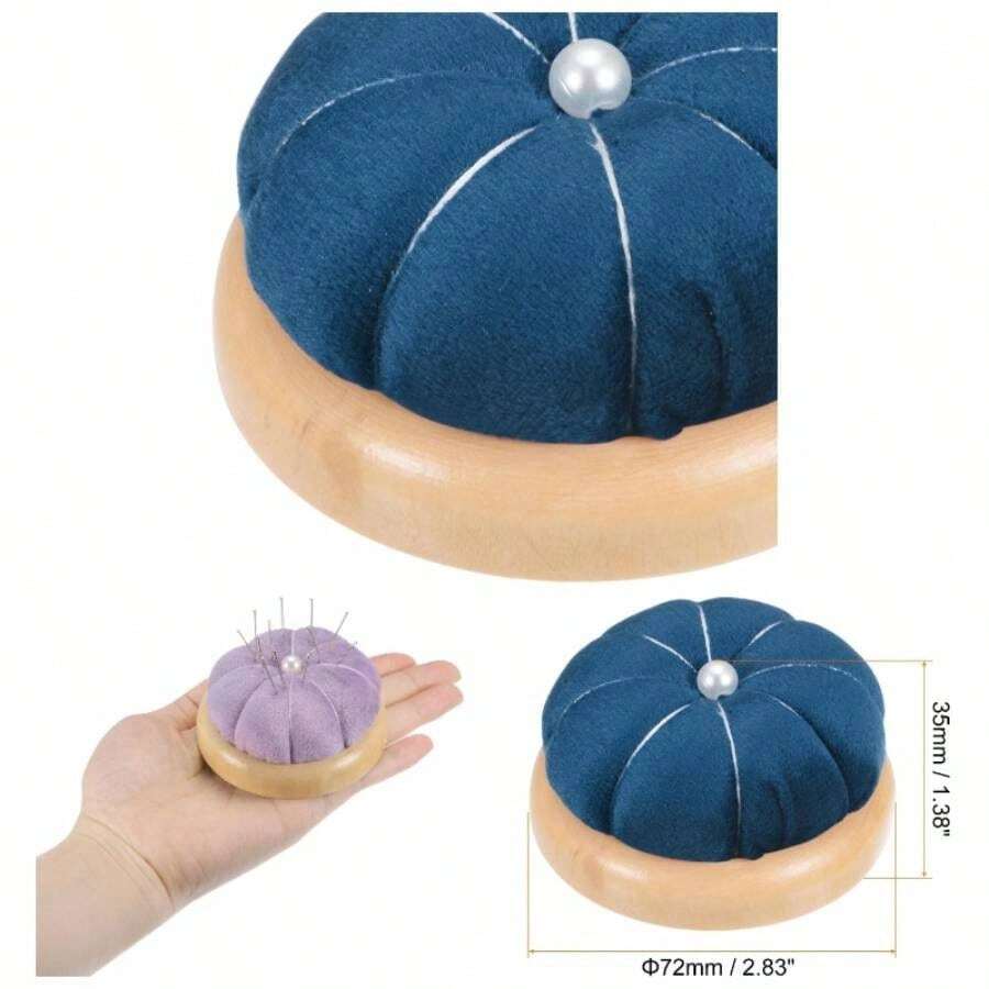 Wooden Base Pin Cushion Japanese Style Cute Needle Holder Pincushions Round Sewing Quilting Needlework Crafts, Dark Blue - Dark Blue - 查看 1