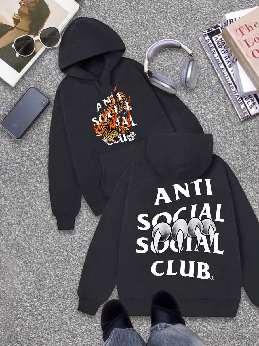 Black Hooded Sweatshirt For Men And Women, Featuring An Anti-Social Club Tiger Flame Print With Claw Marks And Text Design. Perfect For Casual Streetwear And Suitable For Daily Outings - Ideal For Teenagers And Adults. A Great Gift Choice For Birthdays And Holidays. Cotton Hoodie - Youth Sweatshirt - Birthday Gift For College Students - Halloween Gift - Men's Autumn And Winter Jacket. - màu đen - Xem 1