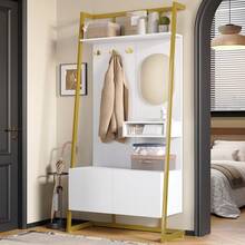 Modern Minimalist Compact Wardrobe, Open Multifunctional Storage Cabinet With Mirror, Metal Hooks, Clothes Rack With Shoe Bench, Closet, Shoe Storage, Clothes Rack. - White + MDF - 查看 7
