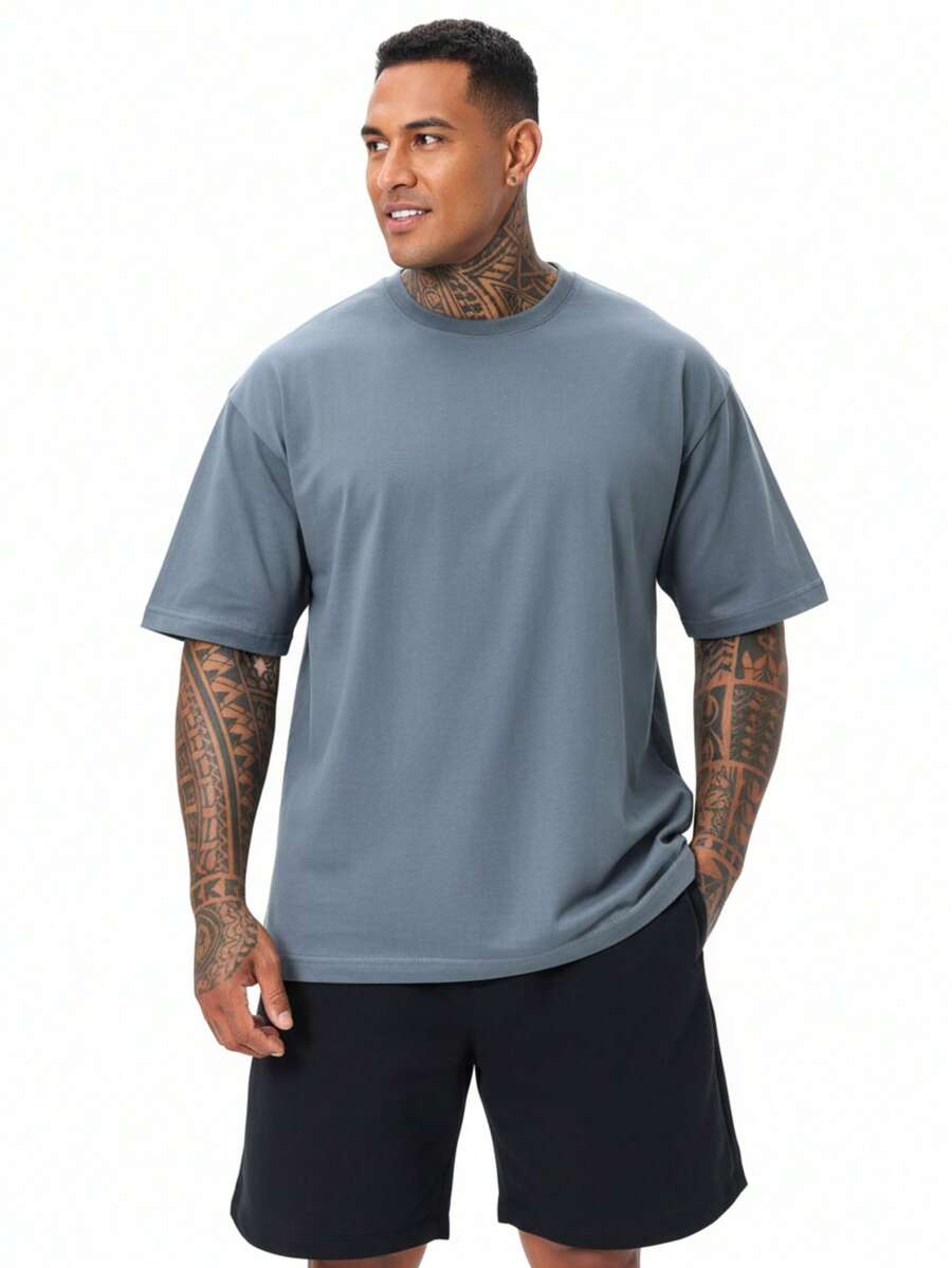 Oversized T-Shirt 100% Premium Cotton | Comfortable Plain Men's Basic T-Shirt - 灰色 - 查看 1