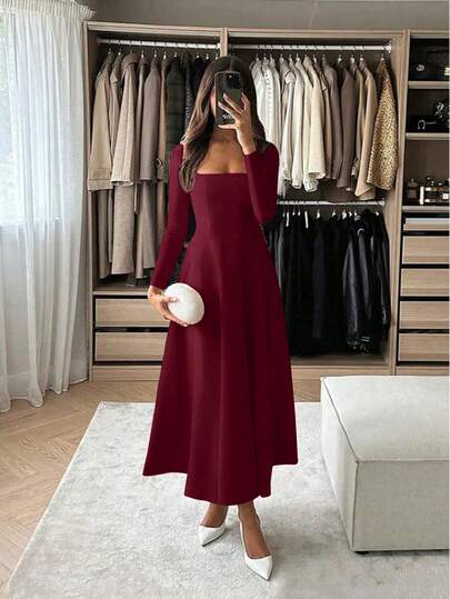 Women's Solid Color Square Neck Casual Elegant Midi Dress, Suitable For Commuting, Autumn/Winter
