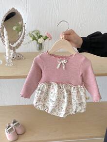 Baby Girls' Long Sleeve Cute Bow Print Patchwork Bodysuit, Autumn - Pink - View 1