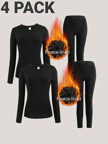 4 Pcs Thermal Underwear For Women With Long Sleeved Pants Black Thermal Underwear Set - màu đen - Xem 1