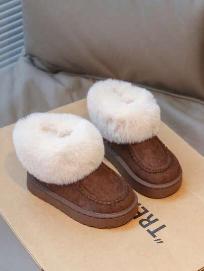 Botas de Neve de Moda Confortáveis de Cor Sólida com Design Slip-On, Adequadas para Meninas e Meninos, Forro Macio e Quente de Pelúcia, Adequadas para Caminhadas ao Ar Livre, Uso no Outono e Inverno