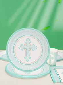 10 pièces/20 pièces/50 pièces/80 pièces Set de vaisselle Bleu pour Communion, comprenant assiettes, gobelets et serviettes. Convient pour la Première Communion, le Baptême de garçon, Pâques, la Confirmation, le Baptême, les fêtes d'église et autres occasions religieuses - Bleu azur - Voir 5