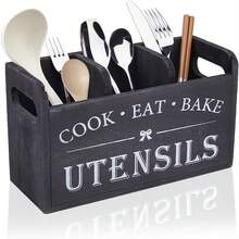 White/Black Cutlery Storage Jar, Country-Style Cutlery Holder For Boys, With 3 Compartments, Suitable For Kitchen Countertops, Wooden Kitchen Cutlery Organizer, Farmhouse-Style Wooden Cutlery Storage, Storage Box For Silverware, Forks, Spoons, And Spatulas - màu đen - Xem 1