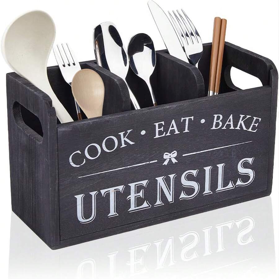 White/Black Cutlery Storage Jar, Country-Style Cutlery Holder For Boys, With 3 Compartments, Suitable For Kitchen Countertops, Wooden Kitchen Cutlery Organizer, Farmhouse-Style Wooden Cutlery Storage, Storage Box For Silverware, Forks, Spoons, And Spatulas - màu đen - Xem 1