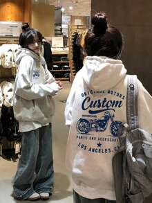 Áo sweatshirt nữ dáng rộng thoải mái in chữ kiểu xe máy, có lớp lót giữ nhiệt, đa năng cho mùa thu/đông. - Màu Xám nhạt - Xem 1