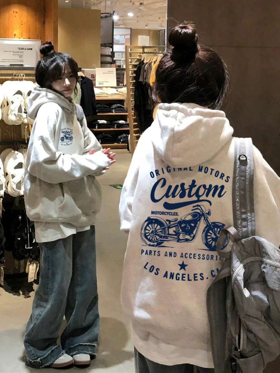 Áo sweatshirt nữ dáng rộng thoải mái in chữ kiểu xe máy, có lớp lót giữ nhiệt, đa năng cho mùa thu/đông. - Màu Xám nhạt - Xem 1