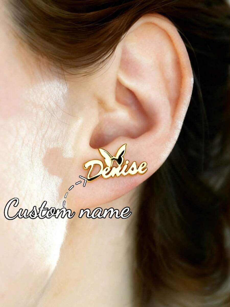 个性化自然光奢华风格字母耳环，女士定制磨砂名字耳环，不锈钢优雅手工名字耳环，生日首饰，派对礼物，感恩节圣诞节礼物，母亲节礼物 - 金色耳環不打砂 - 查看 1