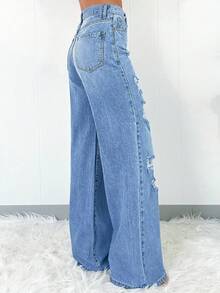 جينز نسائي كاجوال من الدينم مُمزق وراحة - الأزرق - مشاهدة 2