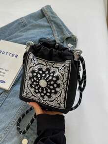 Embroidered Canvas Bucket Shoulder Crossbody Bag, Waterproof Nylon Fashion Handbag With Detachable Strap, Women'ly Tote Bag