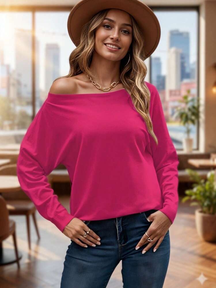 Blusa de Corte Holgado con Manga Larga y Cuello Asimetrico para Mujer - Rosa Fucsia - Añade 1